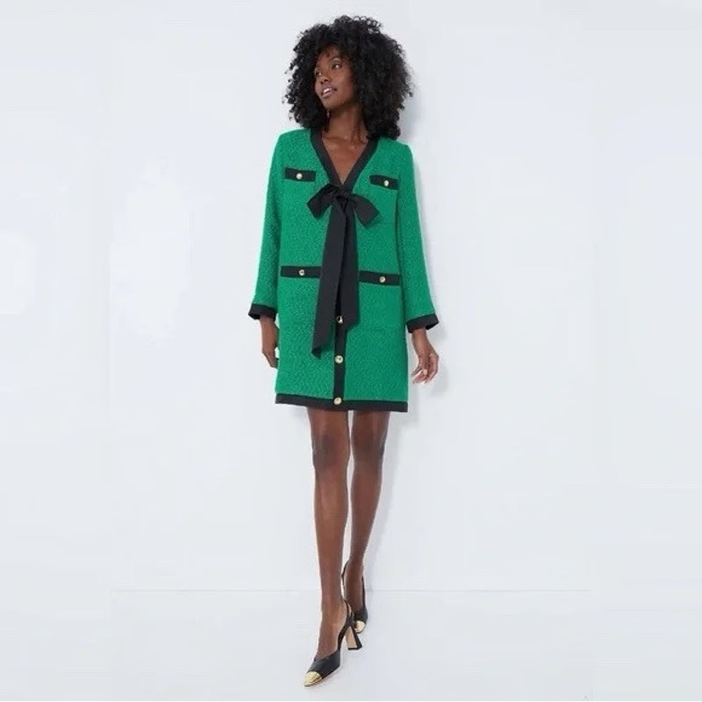 NWT Pomander Place coco tweed Green Black Buttoned Dress Tie Long sleeve